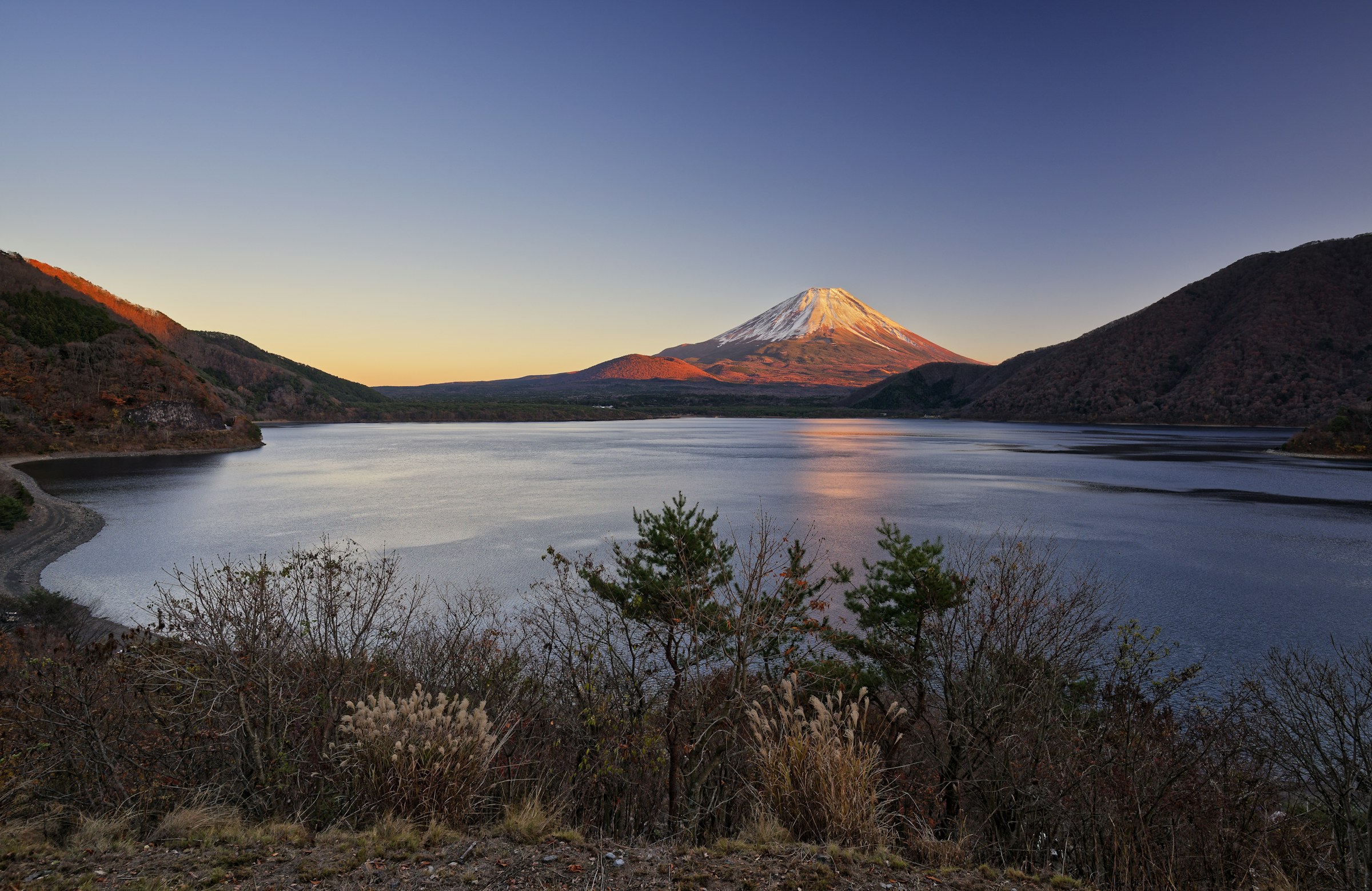 Mount Fuji reflected in a calm Japanese lake